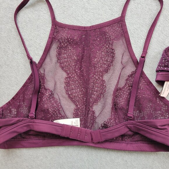 Victoria's Secret Size Small‎ High Neck Lace Bralette Burgundy Red Lace Shimmer - Picture 7 of 16